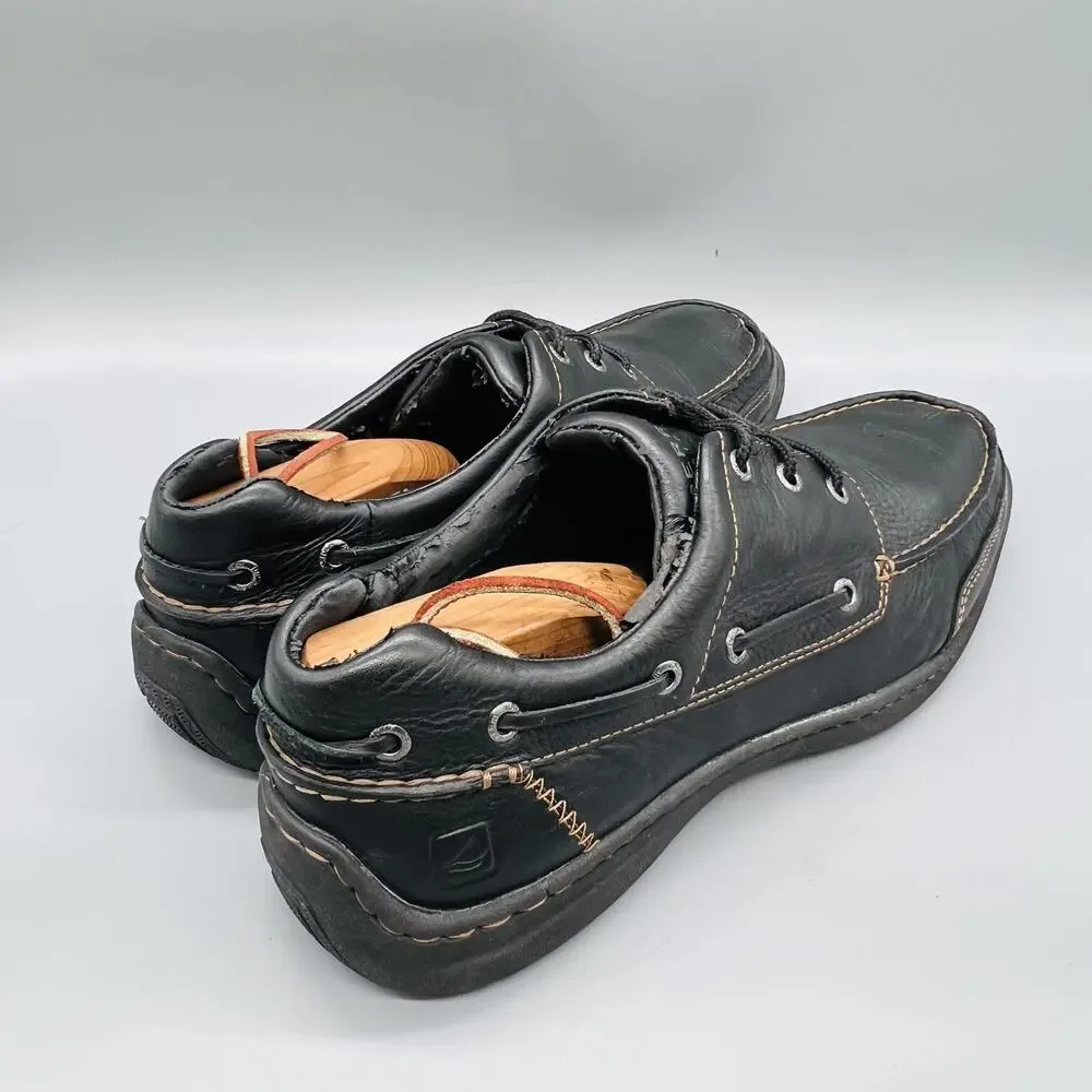 Sperry Shoes Mens 12 Black Leather Top Sider Boat Deck Moc Toe Casual Comfort